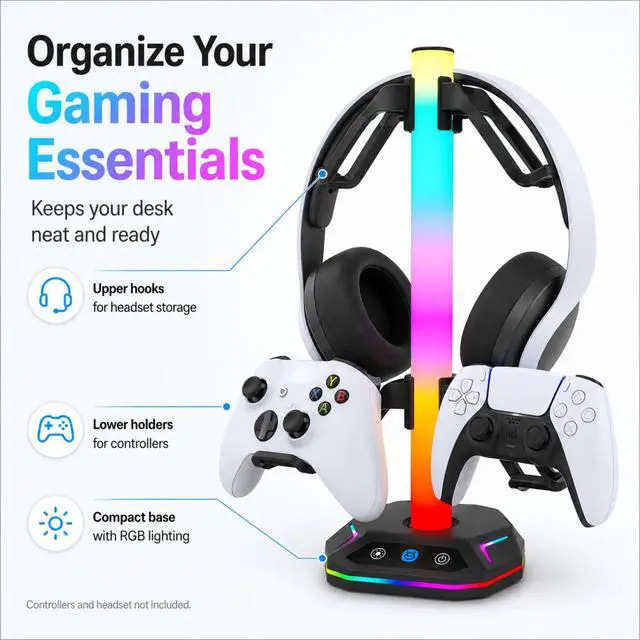 Alt view image 3 of 7 - QXWPBV RGB Headset Stand with Controller Holder, 4-in-1 Desk Organizer for PS5 PS4 Xbox Switch Controllers, Black