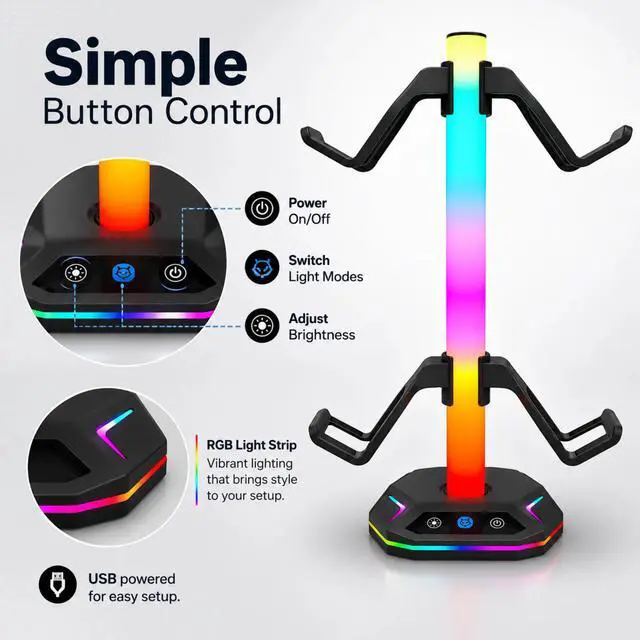 Alt view image 4 of 7 - QXWPBV RGB Headset Stand with Controller Holder, 4-in-1 Desk Organizer for PS5 PS4 Xbox Switch Controllers, Black