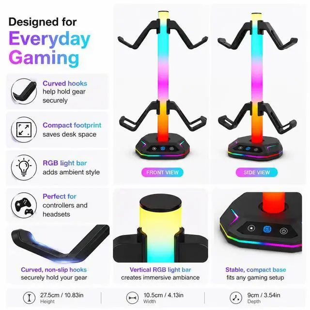 Alt view image 5 of 7 - QXWPBV RGB Headset Stand with Controller Holder, 4-in-1 Desk Organizer for PS5 PS4 Xbox Switch Controllers, Black
