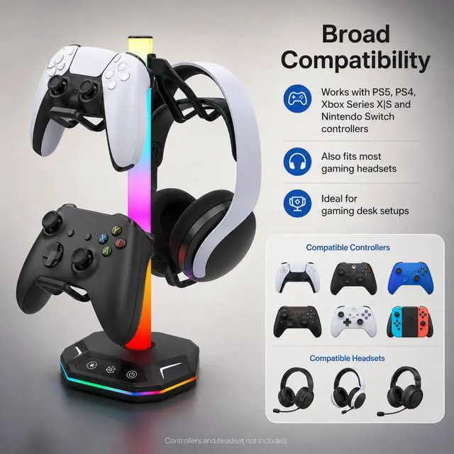 Alt view image 6 of 7 - QXWPBV RGB Headset Stand with Controller Holder, 4-in-1 Desk Organizer for PS5 PS4 Xbox Switch Controllers, Black