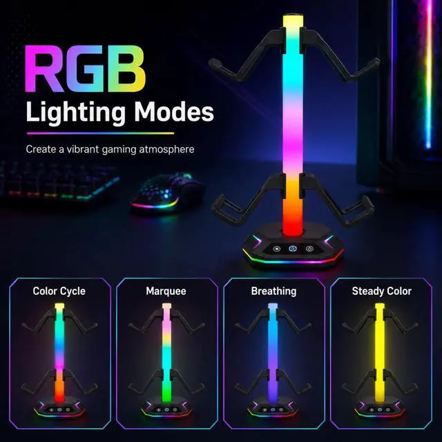 Alt view image 7 of 7 - QXWPBV RGB Headset Stand with Controller Holder, 4-in-1 Desk Organizer for PS5 PS4 Xbox Switch Controllers, Black