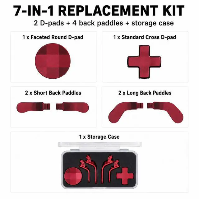 Alt view image 2 of 7 - QXWPBV 7-Piece Magnetic Metal D-Pad Rear Paddles Replacement Kit Compatible with Xbox Elite Series 1 Series 2 and Elite Series 2 Core Controllers, Metallic Red