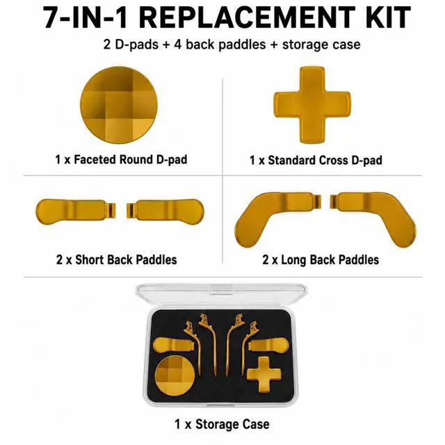Alt view image 2 of 7 - QXWPBV 7-Piece Magnetic Metal D-Pad Rear Paddles Replacement Kit Compatible with Xbox Elite Series 1 Series 2 and Elite Series 2 Core Controllers, Metallic Gold