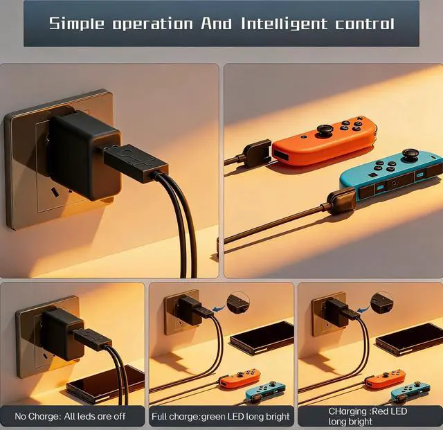 Alt view image 3 of 7 - QXWPBV Charging Dock for Nintendo Switch and Switch OLED Joy-Con Controllers, Dual Controller Charger with LED Indicator, Black