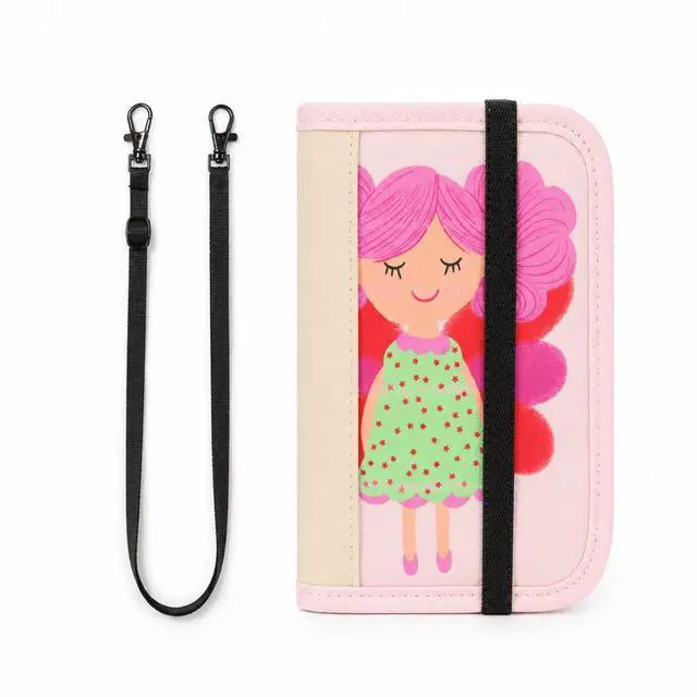 Main image of QXWPBV RFID Blocking Passport Holder with Crossbody Strap, Water-Resistant Travel Wallet Organizer, Pink Girl Pattern