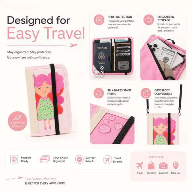 Alt view image 3 of 7 - QXWPBV RFID Blocking Passport Holder with Crossbody Strap, Water-Resistant Travel Wallet Organizer, Pink Girl Pattern