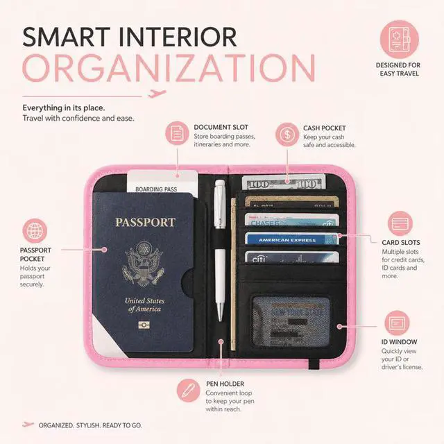 Alt view image 4 of 7 - QXWPBV RFID Blocking Passport Holder with Crossbody Strap, Water-Resistant Travel Wallet Organizer, Pink Girl Pattern