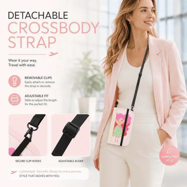 Alt view image 6 of 7 - QXWPBV RFID Blocking Passport Holder with Crossbody Strap, Water-Resistant Travel Wallet Organizer, Pink Girl Pattern