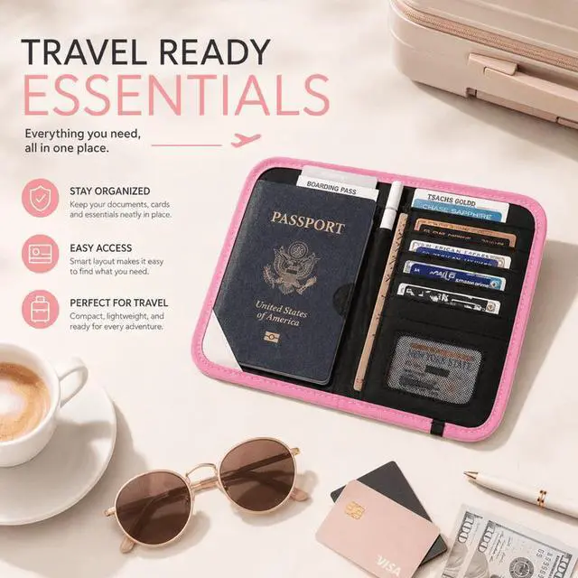 Alt view image 7 of 7 - QXWPBV RFID Blocking Passport Holder with Crossbody Strap, Water-Resistant Travel Wallet Organizer, Pink Girl Pattern