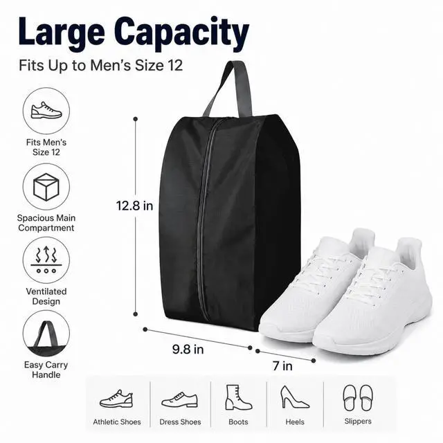 Alt view image 3 of 7 - QXWPBV Travel Shoe Bags, 12 Pack Black Large Shoe Organizer Bags with Zipper and Handle, Water-Resistant Oxford Fabric Shoe Pouches for Travel, Closet, Gym and Storage