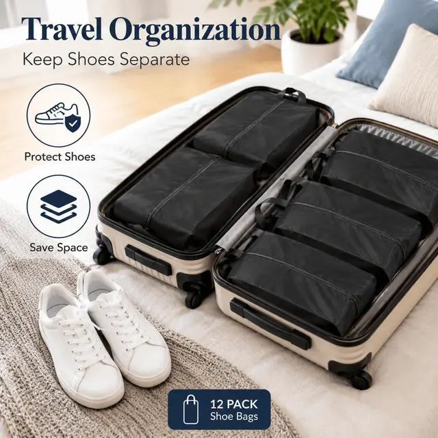 Alt view image 6 of 7 - QXWPBV Travel Shoe Bags, 12 Pack Black Large Shoe Organizer Bags with Zipper and Handle, Water-Resistant Oxford Fabric Shoe Pouches for Travel, Closet, Gym and Storage