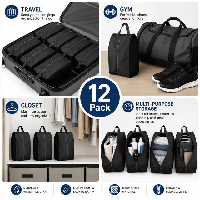 Alt view image 7 of 7 - QXWPBV Travel Shoe Bags, 12 Pack Black Large Shoe Organizer Bags with Zipper and Handle, Water-Resistant Oxford Fabric Shoe Pouches for Travel, Closet, Gym and Storage