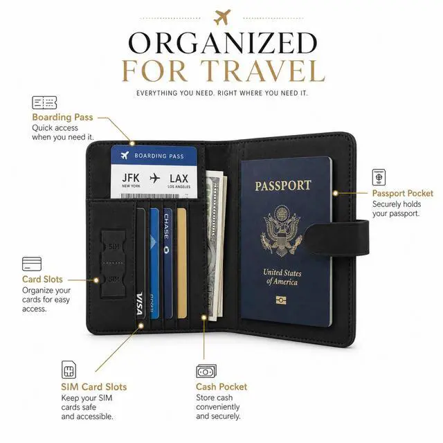 Alt view image 4 of 7 - QXWPBV RFID Blocking Passport Holder Set with AirTag Tracker Slot, Travel Wallet and Luggage Tags, 6-Piece, Black