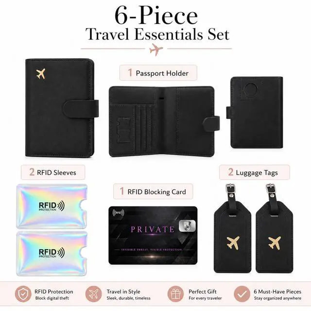 Alt view image 2 of 7 - QXWPBV RFID Blocking Passport Holder Set with AirTag Tracker Slot, Travel Wallet and Luggage Tags, 6-Piece, Black