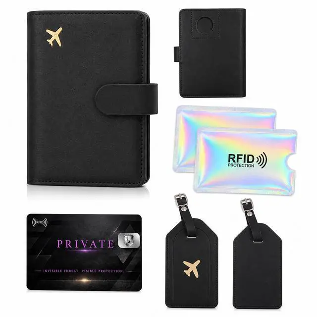 Main image of QXWPBV RFID Blocking Passport Holder Set with AirTag Tracker Slot, Travel Wallet and Luggage Tags, 6-Piece, Black