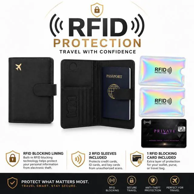 Alt view image 5 of 7 - QXWPBV RFID Blocking Passport Holder Set with AirTag Tracker Slot, Travel Wallet and Luggage Tags, 6-Piece, Black