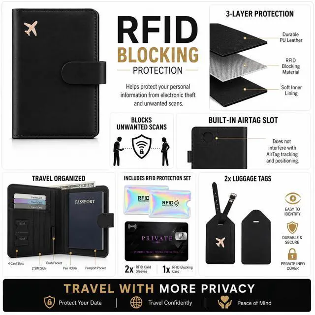 Alt view image 7 of 7 - QXWPBV RFID Blocking Passport Holder Set with AirTag Tracker Slot, Travel Wallet and Luggage Tags, 6-Piece, Black