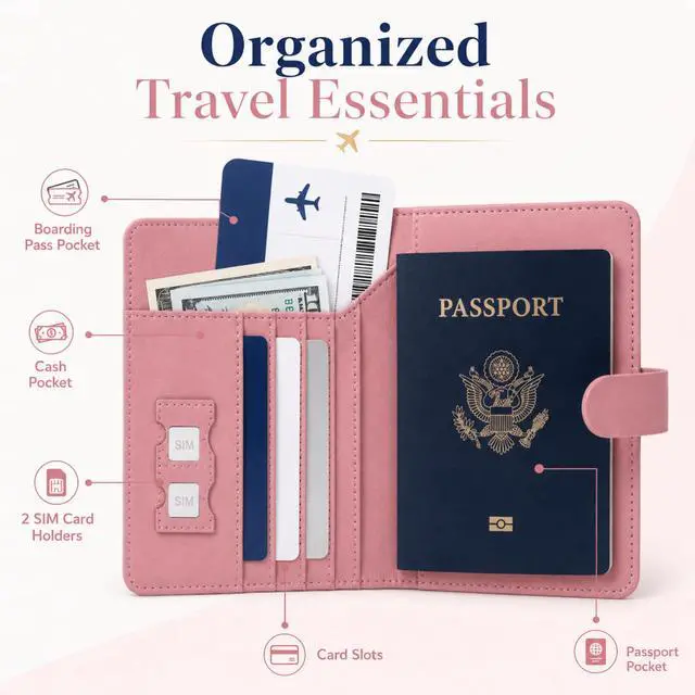 Alt view image 3 of 7 - QXWPBV RFID Blocking Passport Holder Set with AirTag Tracker Slot, Travel Wallet and Luggage Tags, 6-Piece, Pink