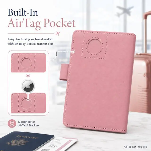 Alt view image 4 of 7 - QXWPBV RFID Blocking Passport Holder Set with AirTag Tracker Slot, Travel Wallet and Luggage Tags, 6-Piece, Pink