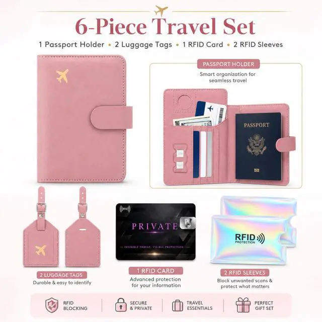 Alt view image 2 of 7 - QXWPBV RFID Blocking Passport Holder Set with AirTag Tracker Slot, Travel Wallet and Luggage Tags, 6-Piece, Pink