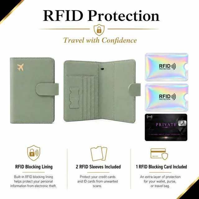 Alt view image 6 of 7 - QXWPBV 6-Piece RFID Blocking Passport Wallet Set with Tracker Slot, Travel Passport Holder, Luggage Tags, RFID Card and Card Sleeves, Sage Green