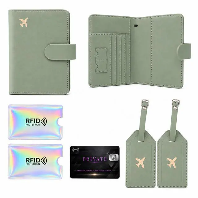 Alt view image 2 of 7 - QXWPBV 6-Piece RFID Blocking Passport Wallet Set with Tracker Slot, Travel Passport Holder, Luggage Tags, RFID Card and Card Sleeves, Sage Green