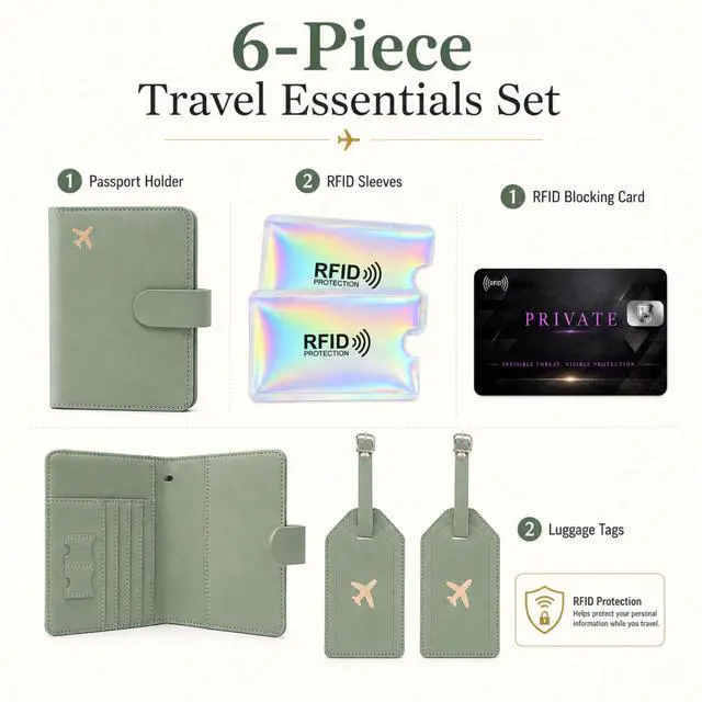 Alt view image 3 of 7 - QXWPBV 6-Piece RFID Blocking Passport Wallet Set with Tracker Slot, Travel Passport Holder, Luggage Tags, RFID Card and Card Sleeves, Sage Green