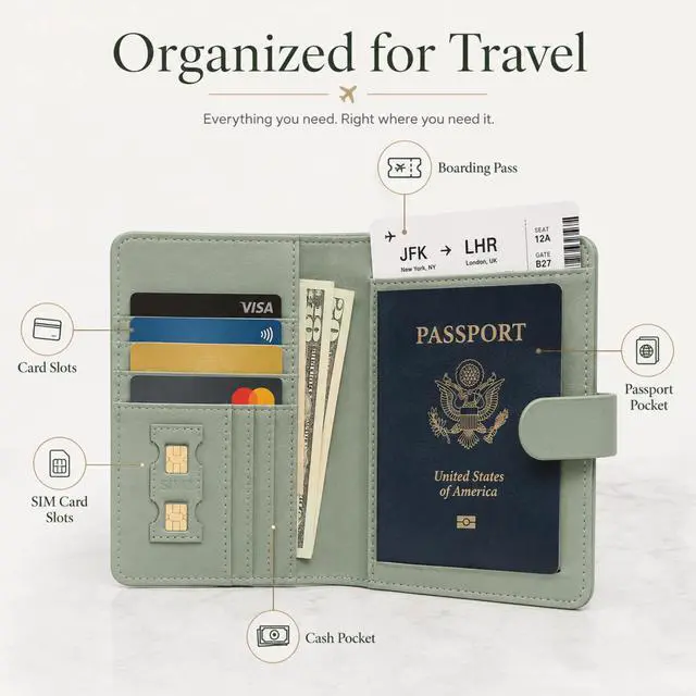 Alt view image 5 of 7 - QXWPBV 6-Piece RFID Blocking Passport Wallet Set with Tracker Slot, Travel Passport Holder, Luggage Tags, RFID Card and Card Sleeves, Sage Green