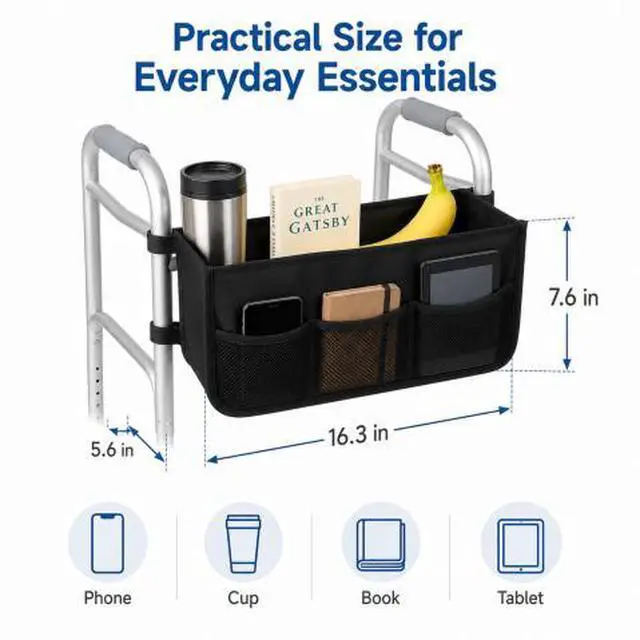 Alt view image 2 of 7 - QXWPBV Walker Basket Bag for Folding Walkers, Mobility Aid Storage Organizer with Cup Holder, Large Main Compartment and 3 Mesh Pockets, Black