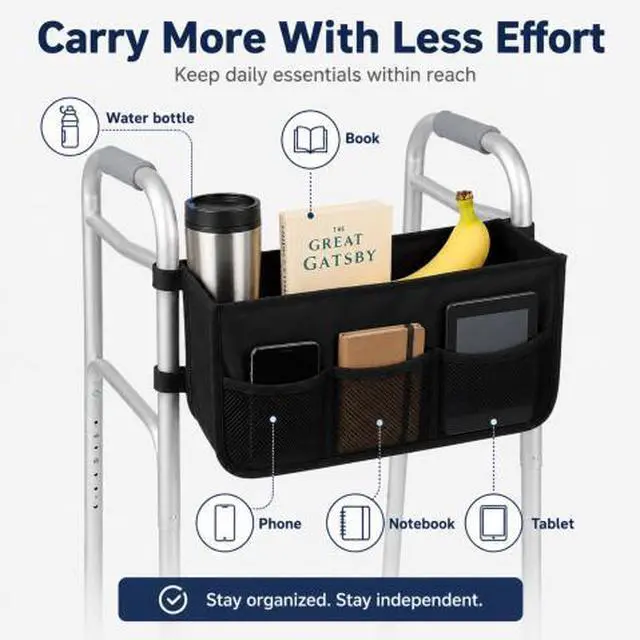Alt view image 3 of 7 - QXWPBV Walker Basket Bag for Folding Walkers, Mobility Aid Storage Organizer with Cup Holder, Large Main Compartment and 3 Mesh Pockets, Black