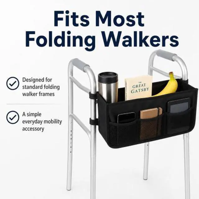 Alt view image 5 of 7 - QXWPBV Walker Basket Bag for Folding Walkers, Mobility Aid Storage Organizer with Cup Holder, Large Main Compartment and 3 Mesh Pockets, Black