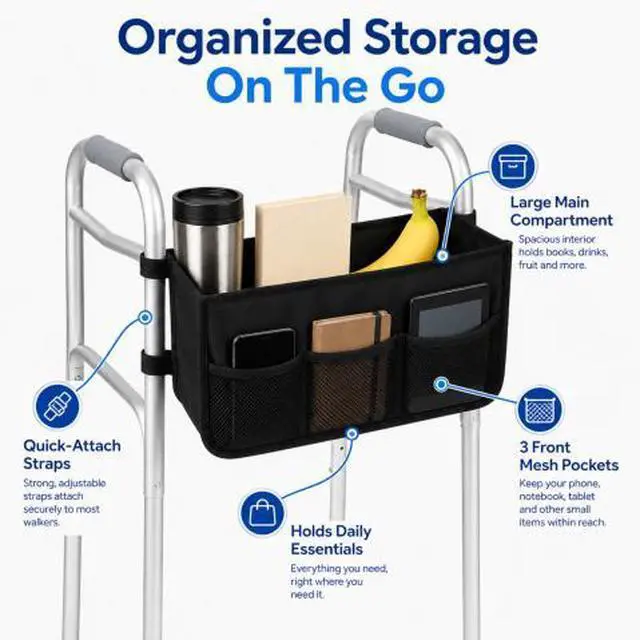 Alt view image 4 of 7 - QXWPBV Walker Basket Bag for Folding Walkers, Mobility Aid Storage Organizer with Cup Holder, Large Main Compartment and 3 Mesh Pockets, Black
