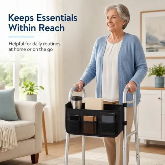 Alt view image 6 of 7 - QXWPBV Walker Basket Bag for Folding Walkers, Mobility Aid Storage Organizer with Cup Holder, Large Main Compartment and 3 Mesh Pockets, Black