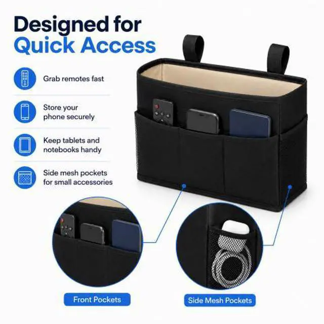 Alt view image 3 of 7 - QXWPBV Bedside Caddy Organizer, Hanging Bedside Storage Bag with Sofa Armrest Pockets for Bed Rail, Bunk Bed, Dorm, Phone, Tablet, Remote and Books, Black