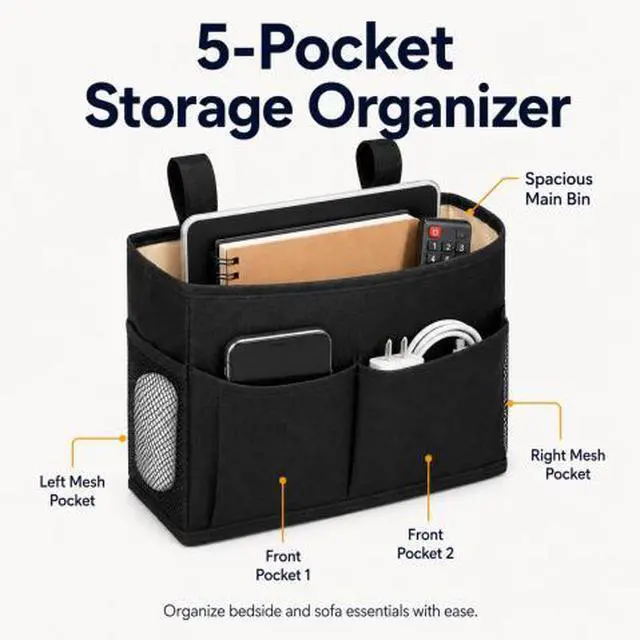 Alt view image 2 of 7 - QXWPBV Bedside Caddy Organizer, Hanging Bedside Storage Bag with Sofa Armrest Pockets for Bed Rail, Bunk Bed, Dorm, Phone, Tablet, Remote and Books, Black