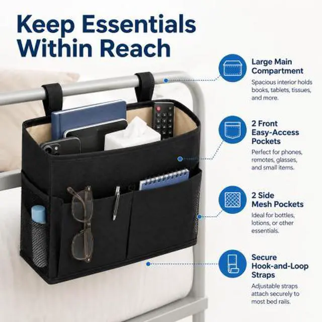 Alt view image 4 of 7 - QXWPBV Bedside Caddy Organizer, Hanging Bedside Storage Bag with Sofa Armrest Pockets for Bed Rail, Bunk Bed, Dorm, Phone, Tablet, Remote and Books, Black