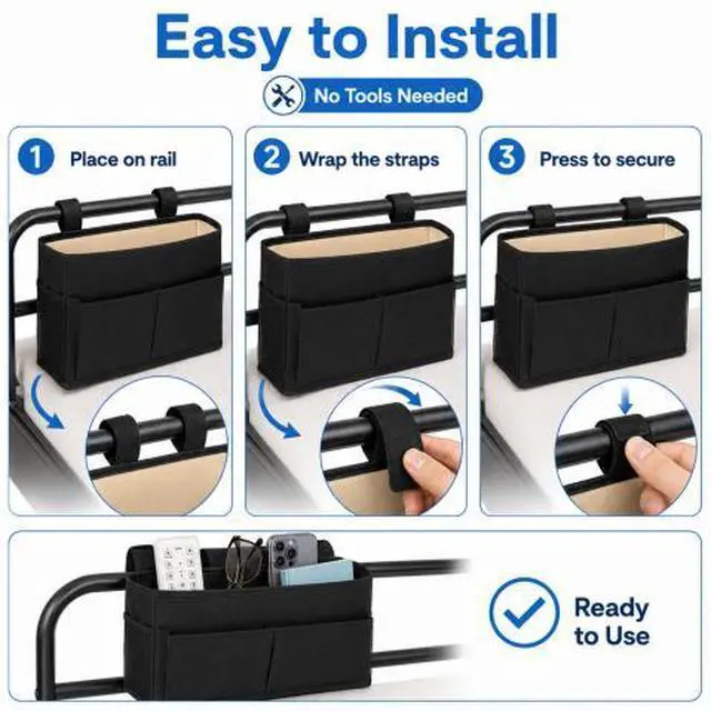 Alt view image 6 of 7 - QXWPBV Bedside Caddy Organizer, Hanging Bedside Storage Bag with Sofa Armrest Pockets for Bed Rail, Bunk Bed, Dorm, Phone, Tablet, Remote and Books, Black