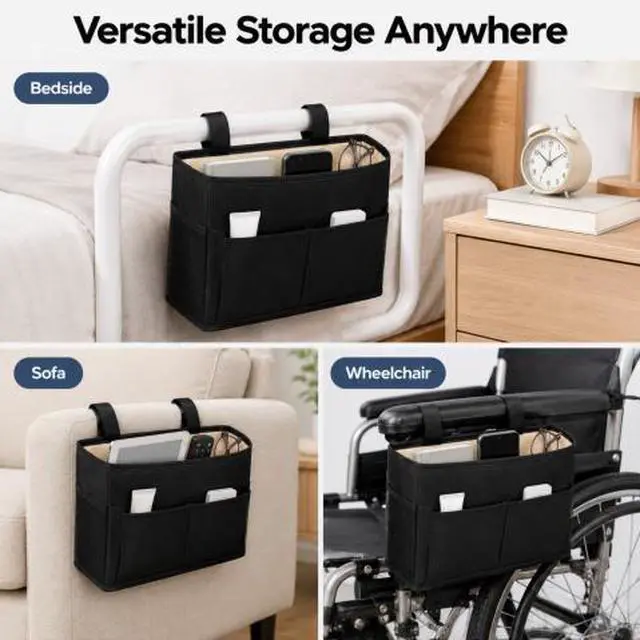 Alt view image 7 of 7 - QXWPBV Bedside Caddy Organizer, Hanging Bedside Storage Bag with Sofa Armrest Pockets for Bed Rail, Bunk Bed, Dorm, Phone, Tablet, Remote and Books, Black