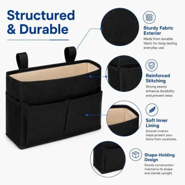 Alt view image 5 of 7 - QXWPBV Bedside Caddy Organizer, Hanging Bedside Storage Bag with Sofa Armrest Pockets for Bed Rail, Bunk Bed, Dorm, Phone, Tablet, Remote and Books, Black