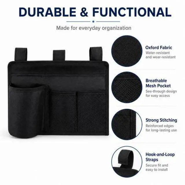 Alt view image 2 of 7 - QXWPBV Wheelchair Side Organizer Bag, Hanging Storage Caddy with Bottle Holder and Mesh Pockets for Bed Rail, Stroller, Crib and Beach Chair, Black