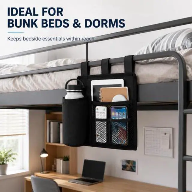Alt view image 4 of 7 - QXWPBV Wheelchair Side Organizer Bag, Hanging Storage Caddy with Bottle Holder and Mesh Pockets for Bed Rail, Stroller, Crib and Beach Chair, Black