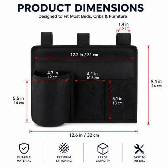 Alt view image 5 of 7 - QXWPBV Wheelchair Side Organizer Bag, Hanging Storage Caddy with Bottle Holder and Mesh Pockets for Bed Rail, Stroller, Crib and Beach Chair, Black