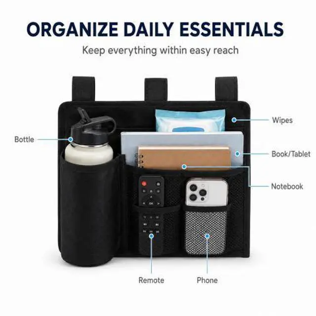 Alt view image 3 of 7 - QXWPBV Wheelchair Side Organizer Bag, Hanging Storage Caddy with Bottle Holder and Mesh Pockets for Bed Rail, Stroller, Crib and Beach Chair, Black