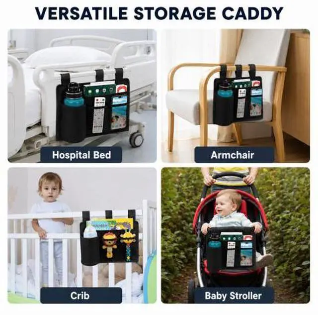 Alt view image 7 of 7 - QXWPBV Wheelchair Side Organizer Bag, Hanging Storage Caddy with Bottle Holder and Mesh Pockets for Bed Rail, Stroller, Crib and Beach Chair, Black