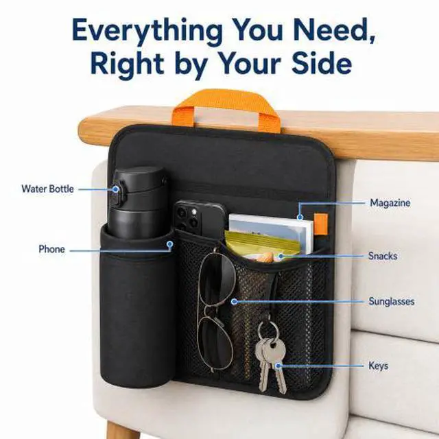 Alt view image 4 of 7 - QXWPBV Camping Chair Cup Holder Organizer, Insulated Bottle Holder and Side Storage Bag with Mesh Pocket and Hook-and-Loop Straps for Beach Chair, Wheelchair and Patio Chair, Black
