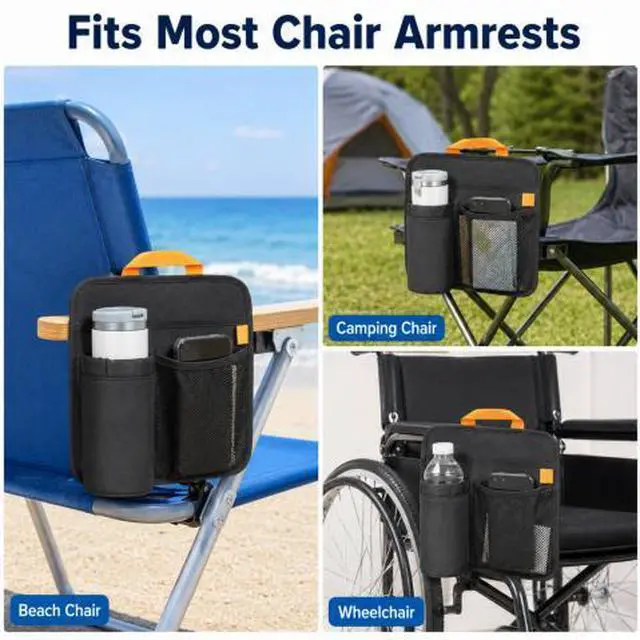 Alt view image 6 of 7 - QXWPBV Camping Chair Cup Holder Organizer, Insulated Bottle Holder and Side Storage Bag with Mesh Pocket and Hook-and-Loop Straps for Beach Chair, Wheelchair and Patio Chair, Black