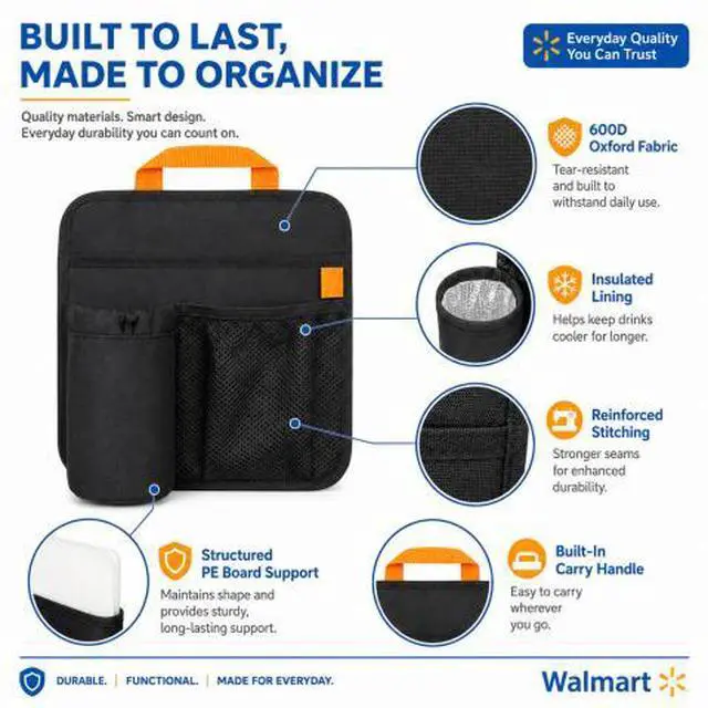Alt view image 3 of 7 - QXWPBV Camping Chair Cup Holder Organizer, Insulated Bottle Holder and Side Storage Bag with Mesh Pocket and Hook-and-Loop Straps for Beach Chair, Wheelchair and Patio Chair, Black