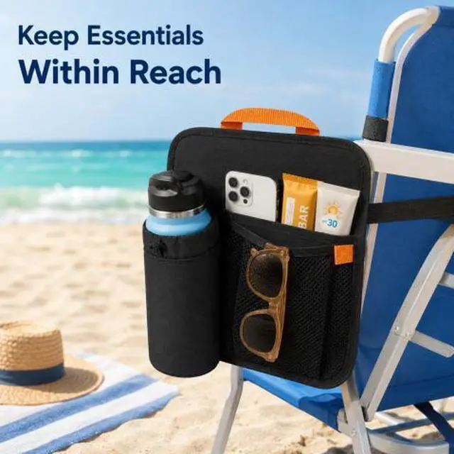 Alt view image 5 of 7 - QXWPBV Camping Chair Cup Holder Organizer, Insulated Bottle Holder and Side Storage Bag with Mesh Pocket and Hook-and-Loop Straps for Beach Chair, Wheelchair and Patio Chair, Black