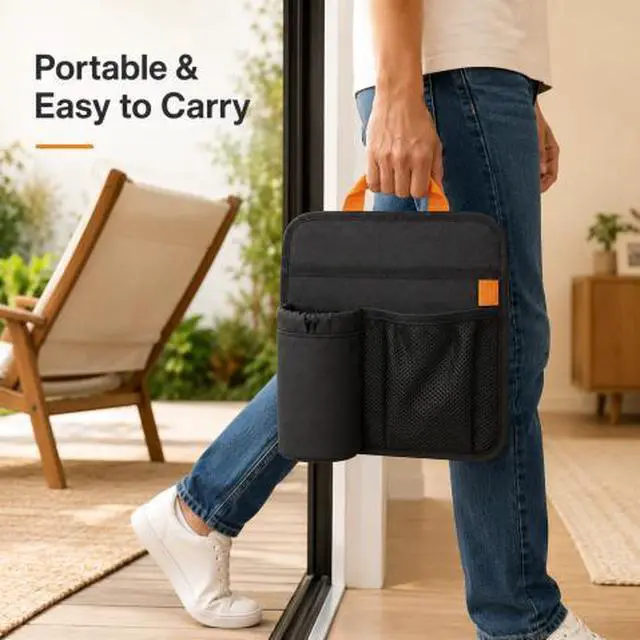 Alt view image 7 of 7 - QXWPBV Camping Chair Cup Holder Organizer, Insulated Bottle Holder and Side Storage Bag with Mesh Pocket and Hook-and-Loop Straps for Beach Chair, Wheelchair and Patio Chair, Black