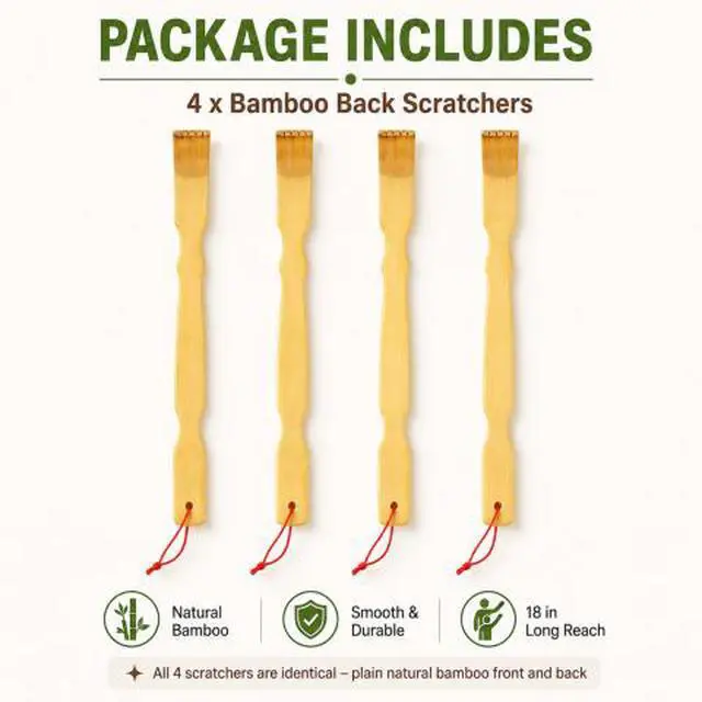 Alt view image 3 of 6 - QXWPBV 4-Pack Bamboo Back Scratchers, 18-Inch Long Handle Wooden Back Scratcher for Itch Relief with Hanging Loops for Adults, Men, Women and Seniors